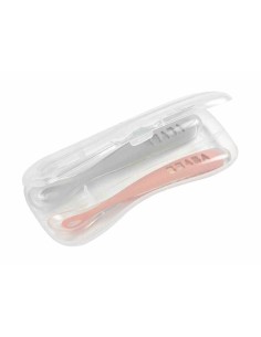 Juego 2 cucharas soft silicona + estuche 1da edad rosa palo/